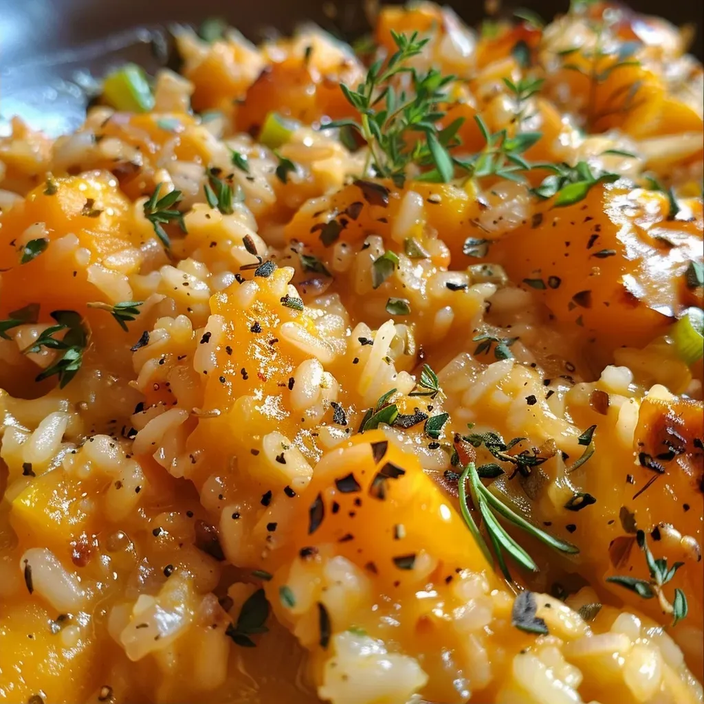 ['Close-up of Roasted Squash Risotto garnished with crispy sage leaves.', 'Side view of a creamy Roasted Squash Risotto with vibrant sage and thyme.', 'A bowl of Roasted Squash Risotto with visible chunks of squash and crispy sage.', 'Delicious Roasted Squash Risotto with fresh herbs and a golden hue from the squash.']