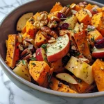 ['Close-up of a vibrant Roasted Sweet Potato and Apple Salad featuring colorful ingredients.', 'A side view of a delicious salad with roasted sweet potatoes and fresh apples.', 'Juicy salad showcasing roasted sweet potatoes, apples, walnuts, and cranberries in a bowl.', 'Fresh salad composed of sweet potatoes, chopped apples, and nuts, garnished attractively.']