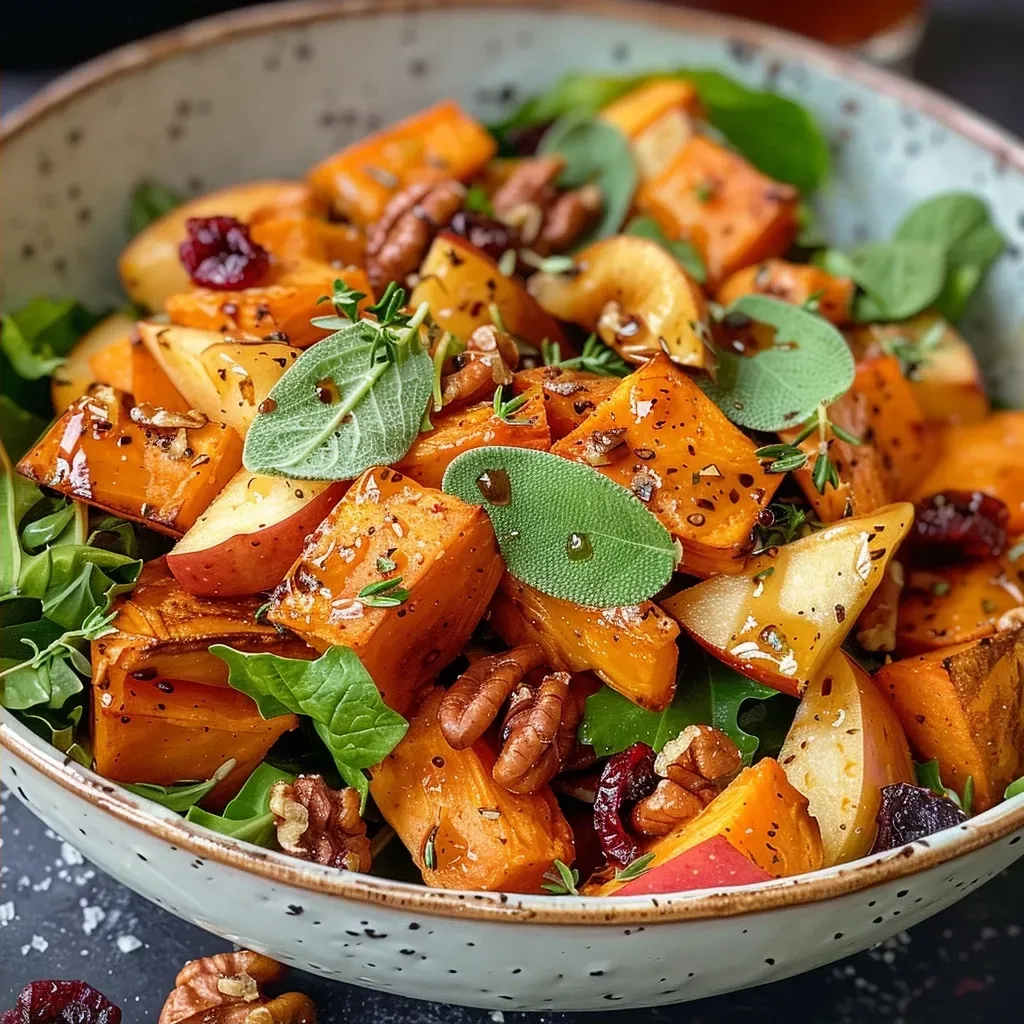 ['Close-up of a vibrant Roasted Sweet Potato and Apple Salad featuring colorful ingredients.', 'A side view of a delicious salad with roasted sweet potatoes and fresh apples.', 'Juicy salad showcasing roasted sweet potatoes, apples, walnuts, and cranberries in a bowl.', 'Fresh salad composed of sweet potatoes, chopped apples, and nuts, garnished attractively.']