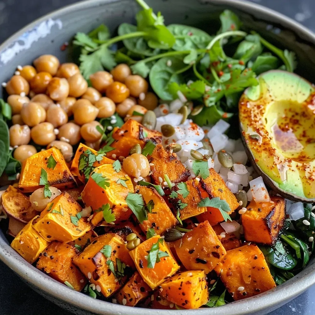['A close-up view of a colorful bowl filled with roasted sweet potatoes, chickpeas, and fresh spinach.', 'A side view of a vibrant Roasted Sweet Potato and Chickpea Bowl showcasing diced sweet potatoes and chickpeas.', 'A deliciously arranged bowl featuring roasted sweet potatoes, chickpeas, and avocado slices over brown rice.', 'A mouthwatering bowl of roasted sweet potatoes, chickpeas, spinach, and toppings like avocado and herbs.']