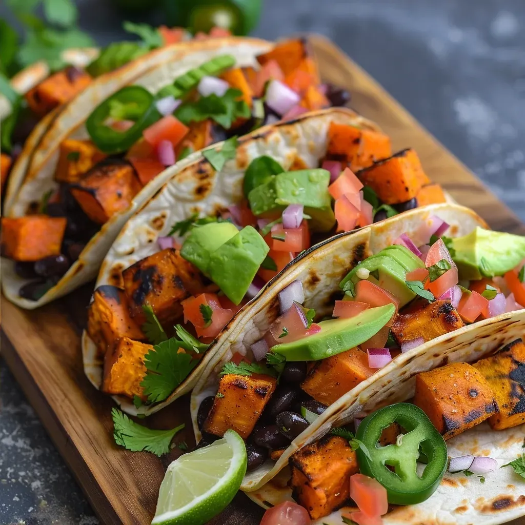 ['Close-up view of roasted sweet potato tacos with avocado lime crema and fresh toppings.', 'Side view of juicy roasted sweet potato tacos garnished with avocado crema and colorful vegetables.', 'Delicious roasted sweet potato tacos featuring black beans, cilantro, and lime wedges on a plate.', 'A vibrant arrangement of sweet potato tacos topped with salsa, jalapeño, and creamy avocado dressing.']