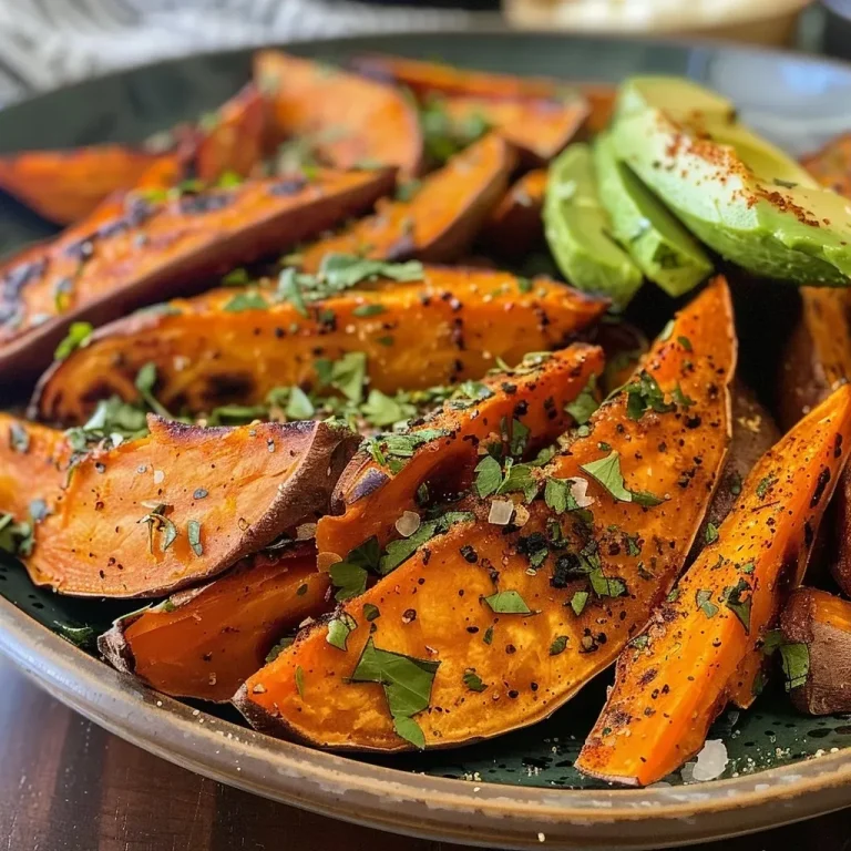 ['Side view of golden-brown roasted sweet potato wedges on a wooden surface.', 'Close-up of crispy roasted sweet potato wedges with a sprinkle of spices.', 'Juicy roasted sweet potato wedges arranged on a plate, showcasing their texture.', 'Savory roasted sweet potato wedges garnished with herbs, viewed from the side.']