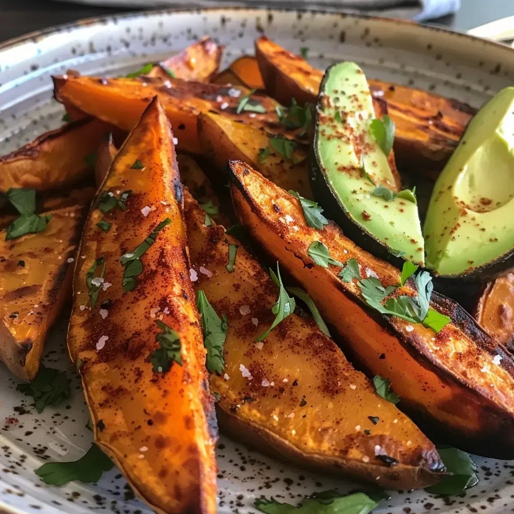 ['Side view of golden-brown roasted sweet potato wedges on a wooden surface.', 'Close-up of crispy roasted sweet potato wedges with a sprinkle of spices.', 'Juicy roasted sweet potato wedges arranged on a plate, showcasing their texture.', 'Savory roasted sweet potato wedges garnished with herbs, viewed from the side.']