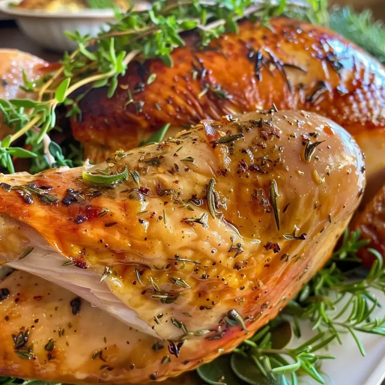 ['Close-up view of a juicy roasted turkey breast with herbs.', 'Side profile of a succulent roasted turkey breast showcasing its golden skin.', 'Detailed image of a roasted turkey breast garnished with fresh herbs.', 'Juicy roasted turkey breast displayed on a plate, emphasizing its tenderness.']