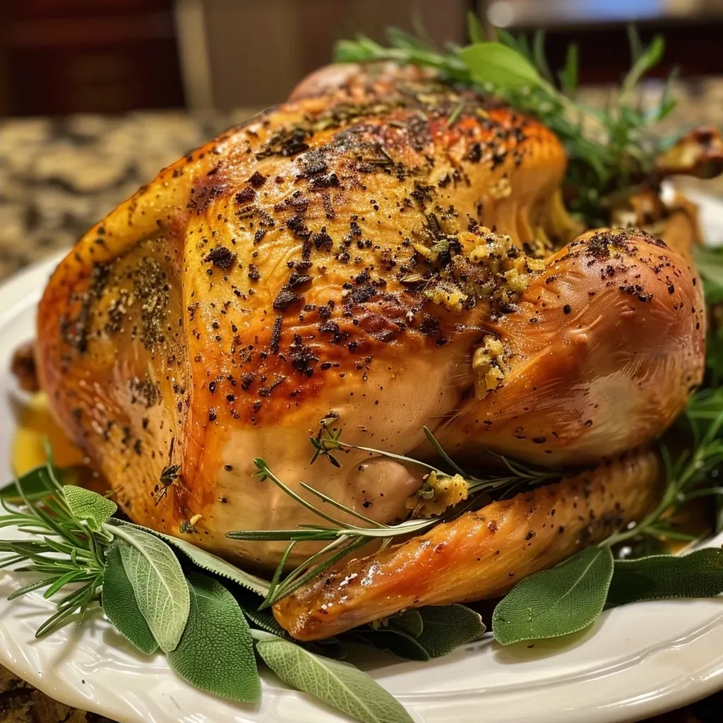 ['Juicy roasted turkey breast with a golden skin, garnished with herbs.', 'Close-up of a succulent turkey breast, glistening with garlic herb butter.', 'Side view of a perfectly cooked turkey breast, showing crispy skin and herb toppings.', 'A mouthwatering turkey breast drizzled with savory garlic herb butter.']