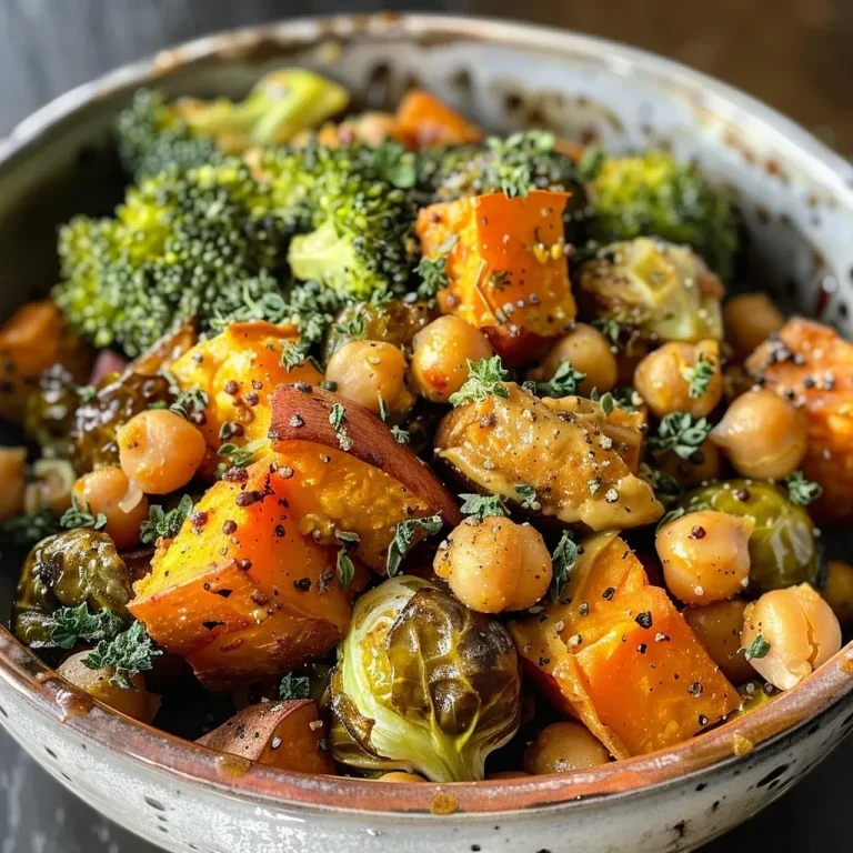 ['Close-up view of a colorful roasted vegetable and chickpea bowl with a creamy dressing.', 'Side angle of a vibrant bowl featuring roasted broccoli, Brussels sprouts, sweet potato, and chickpeas.', 'Appetizing roasted vegetable bowl filled with chickpeas and drizzled with tahini dressing.', 'Detailed shot of a nutritious bowl containing roasted vegetables, chickpeas, and a maple Dijon tahini sauce.']