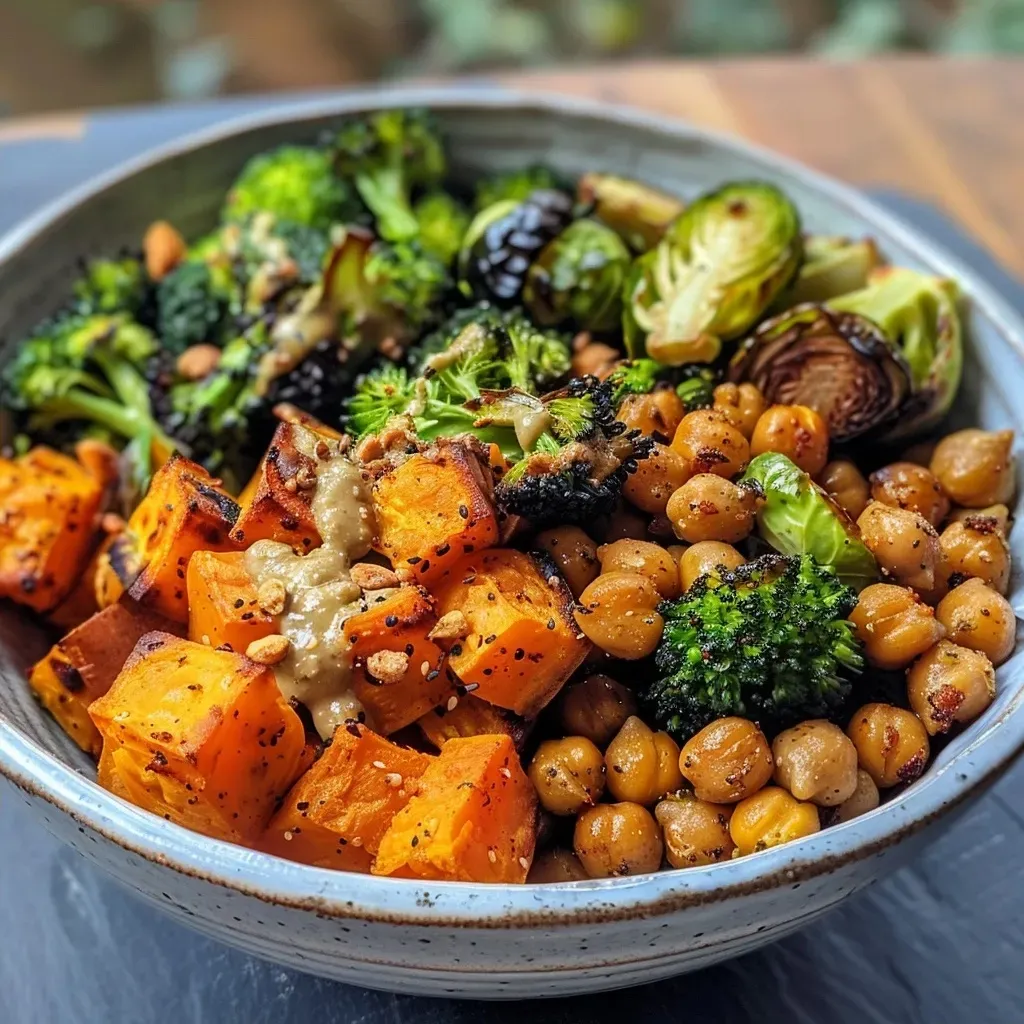 ['Close-up view of a colorful roasted vegetable and chickpea bowl with a creamy dressing.', 'Side angle of a vibrant bowl featuring roasted broccoli, Brussels sprouts, sweet potato, and chickpeas.', 'Appetizing roasted vegetable bowl filled with chickpeas and drizzled with tahini dressing.', 'Detailed shot of a nutritious bowl containing roasted vegetables, chickpeas, and a maple Dijon tahini sauce.']