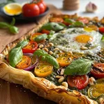 ['Juicy roasted vegetable and pesto tart displayed with vibrant cherry tomatoes and fresh basil.', 'Close-up view of a golden filo pastry tart filled with colorful roasted vegetables and topped with pesto.', 'Side view of a delicious roasted vegetable tart showcasing layers of filo pastry and fresh ingredients.', 'Appetizing roasted vegetable and pesto tart garnished with basil leaves, served on a rustic plate.']