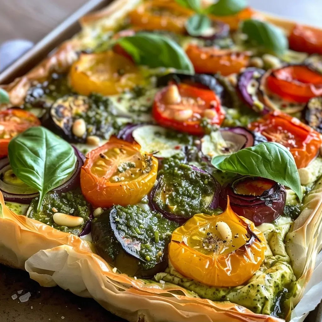 ['Juicy roasted vegetable and pesto tart displayed with vibrant cherry tomatoes and fresh basil.', 'Close-up view of a golden filo pastry tart filled with colorful roasted vegetables and topped with pesto.', 'Side view of a delicious roasted vegetable tart showcasing layers of filo pastry and fresh ingredients.', 'Appetizing roasted vegetable and pesto tart garnished with basil leaves, served on a rustic plate.']