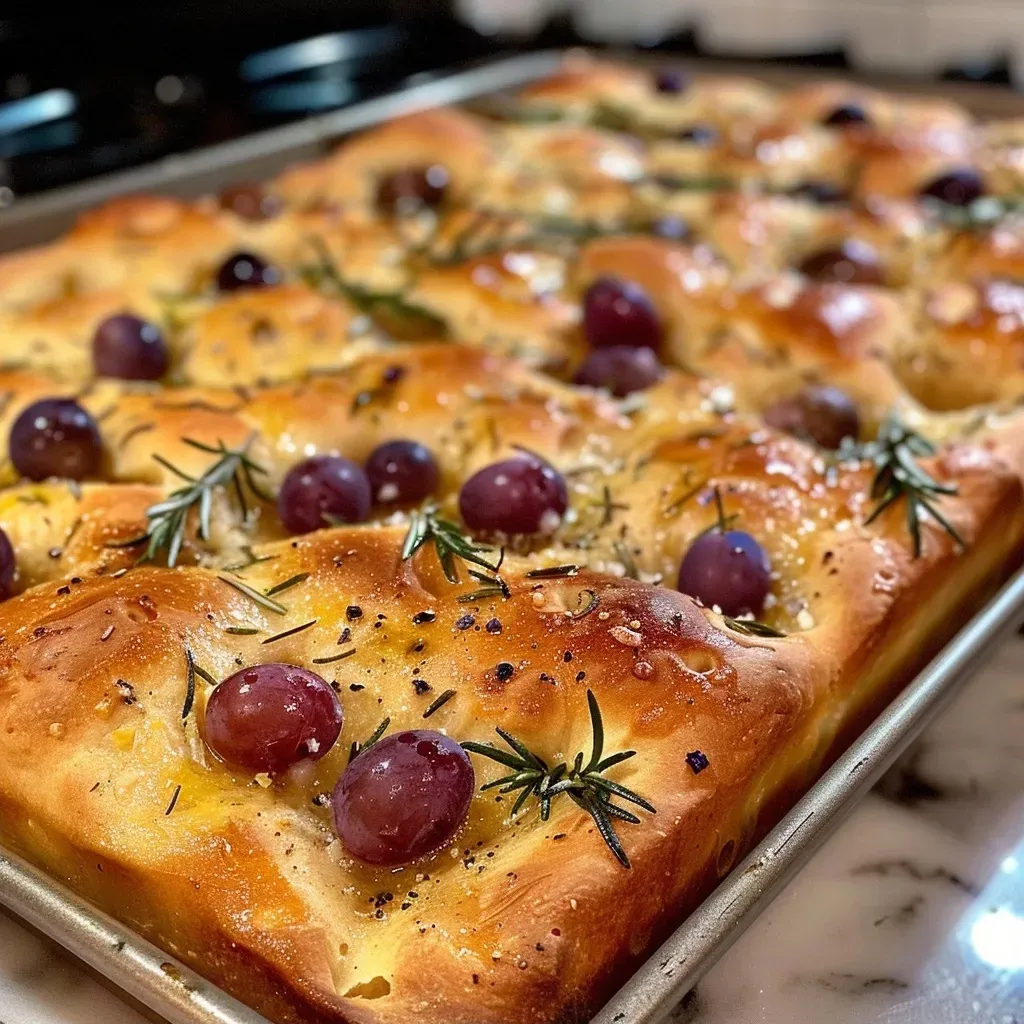 ['A side view of a golden-brown focaccia topped with juicy red grapes and fresh rosemary.', 'Close-up of rosemary and grape focaccia, showcasing grapes nestled in the bread’s crust.', 'Freshly baked focaccia with a crispy exterior, adorned with rosemary and clusters of red grapes.', 'A vibrant focaccia bread highlighting red grapes and rosemary sprigs on its surface.']