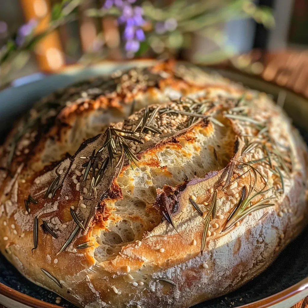 ['Close-up side view of freshly baked Rosemary Olive Oil Sourdough Bread with a golden crust.', 'Juicy Rosemary Olive Oil Sourdough Bread displayed on a wooden surface, showcasing its texture.', 'Textured crust of sourdough bread infused with rosemary and olive oil, captured in natural light.', 'Artisan Rosemary Olive Oil Sourdough Bread with a crisp crust and visible rosemary flecks.']