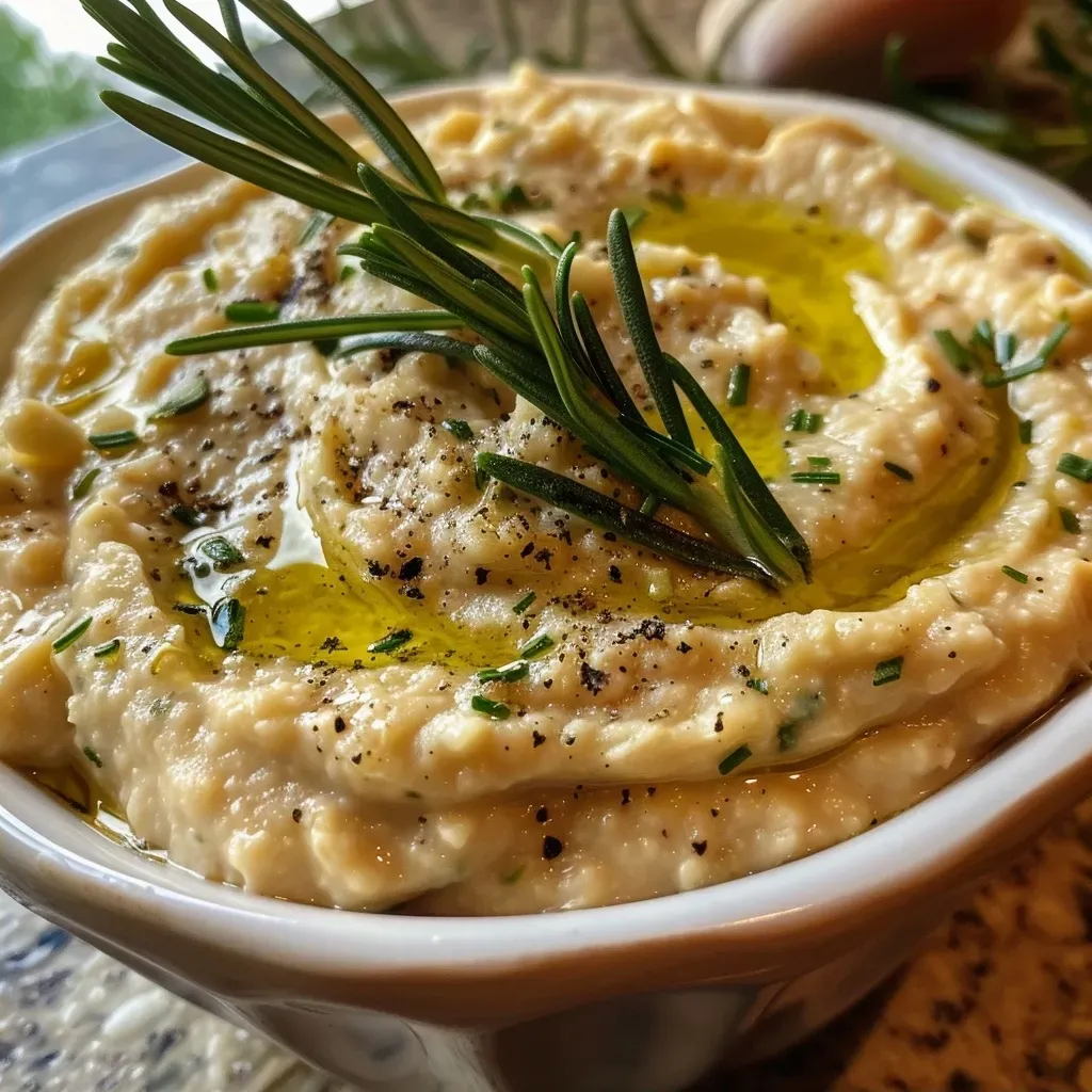 ['Close-up view of creamy Rosemary White Bean Dip in a bowl, garnished with fresh rosemary.', 'Side profile of a delicious white bean dip made with rosemary, garlic, and olive oil.', 'Appetizing Rosemary White Bean Dip displayed in a small dish, featuring a smooth texture and herbs.', 'Freshly made Rosemary White Bean Dip served with a drizzle of olive oil and a hint of garlic.']