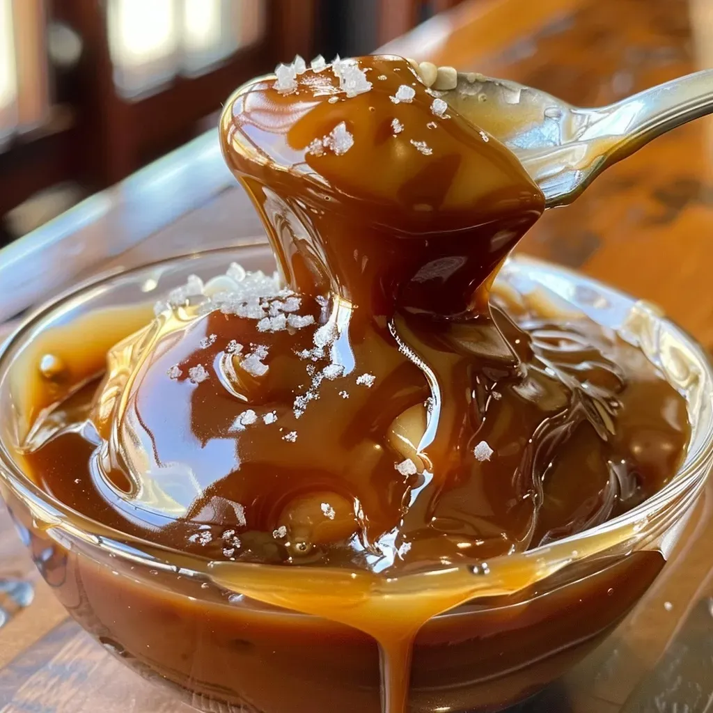 ['Close-up view of rich, glossy Salted Bourbon Caramel Sauce in a glass jar.', 'Side shot of a decadent Salted Bourbon Caramel Sauce with a drizzle effect.', 'Vivid depiction of Salted Bourbon Caramel Sauce flowing from a spoon.', 'Close-up of Salted Bourbon Caramel Sauce showcasing smooth texture and sheen.']