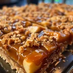 ['Close-up view of salted caramel apple bars with a glossy caramel topping.', 'Side view of freshly baked salted caramel apple bars, showcasing layers of apples and caramel.', 'Appetizing salted caramel apple bars, with sliced apples visible beneath a golden crust.', 'A slice of salted caramel apple bars topped with sweet caramel sauce, displaying a rich texture.']