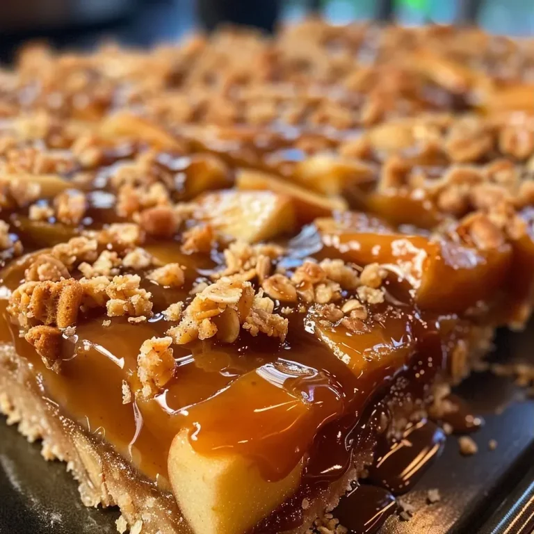 ['Close-up view of salted caramel apple bars with a glossy caramel topping.', 'Side view of freshly baked salted caramel apple bars, showcasing layers of apples and caramel.', 'Appetizing salted caramel apple bars, with sliced apples visible beneath a golden crust.', 'A slice of salted caramel apple bars topped with sweet caramel sauce, displaying a rich texture.']