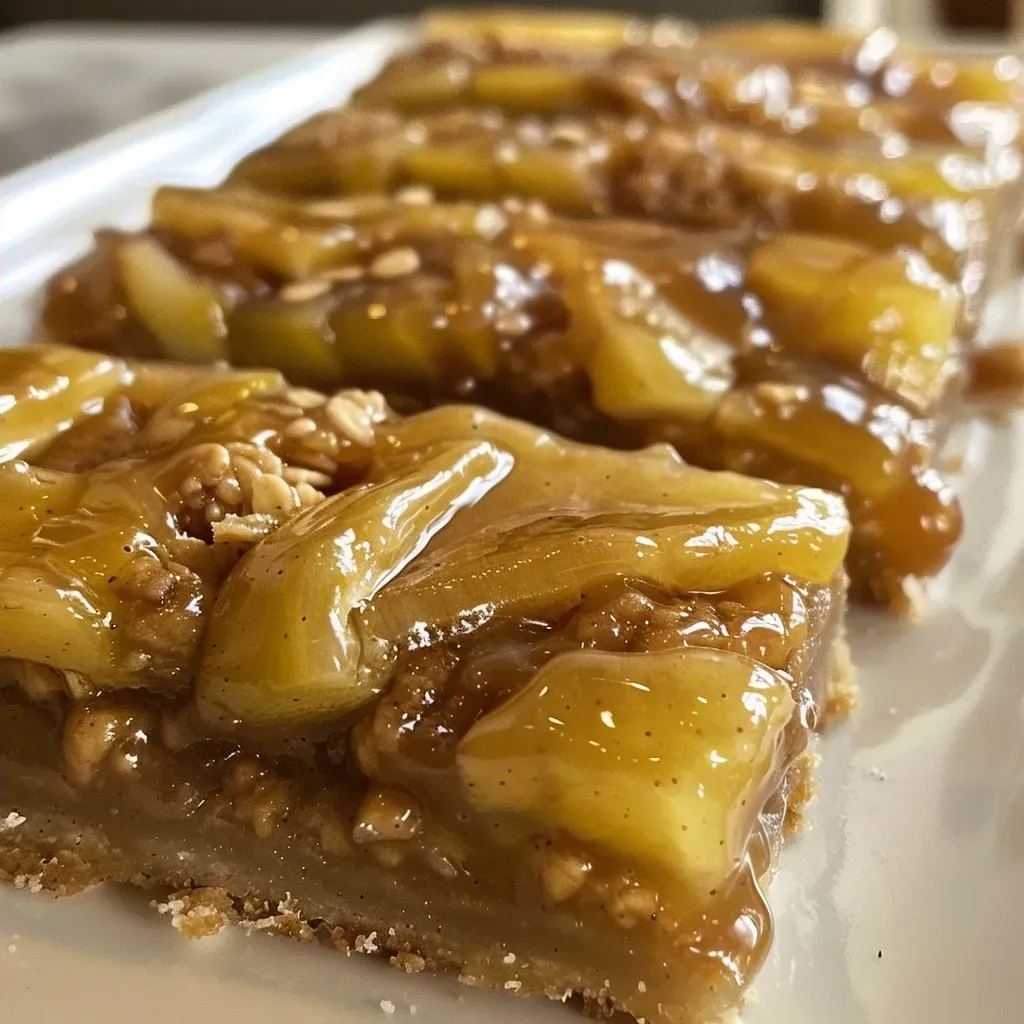 ['Close-up view of salted caramel apple bars with a glossy caramel topping.', 'Side view of freshly baked salted caramel apple bars, showcasing layers of apples and caramel.', 'Appetizing salted caramel apple bars, with sliced apples visible beneath a golden crust.', 'A slice of salted caramel apple bars topped with sweet caramel sauce, displaying a rich texture.']