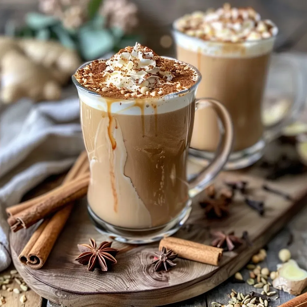['Close-up view of a salted caramel chai latte in a clear glass, drizzled with caramel.', 'Side view of a creamy chai latte topped with whipped cream and caramel sauce.', 'Detailed shot of a salted caramel chai latte, highlighting spices and frothy milk.', 'Rich chai latte in a glass, showcasing whipped cream and a cinnamon stick.']