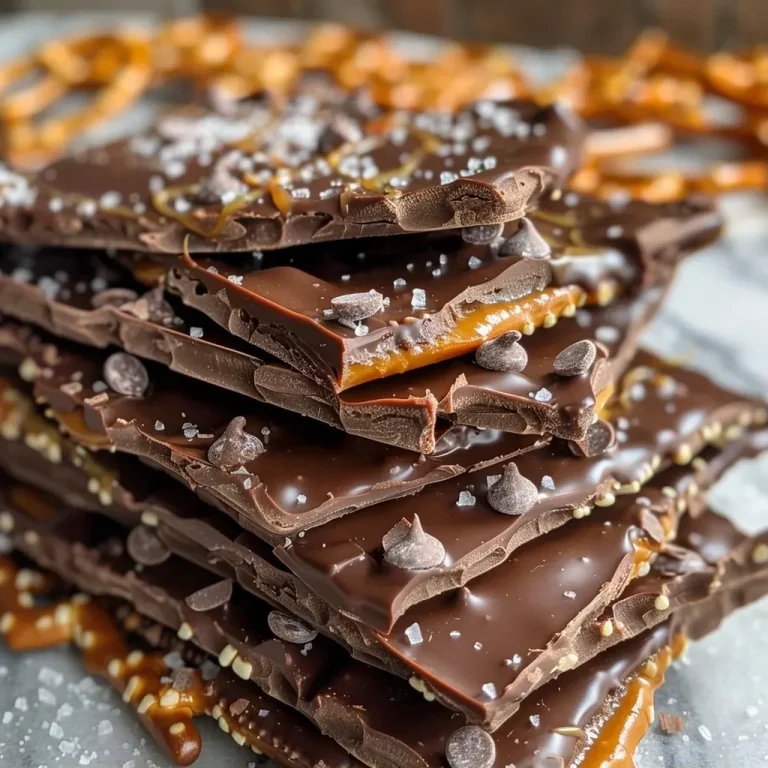['Close-up of a textured layer of salted caramel pretzel bark with chocolate and pretzels.', 'A slice of salted caramel pretzel bark featuring semi-sweet chocolate and a sprinkle of sea salt.', 'Side view of rich salted caramel pretzel bark highlighting the caramel and pretzel pieces.', 'Delicious salted caramel pretzel bark showing the glossy chocolate and crunchy pretzels.']