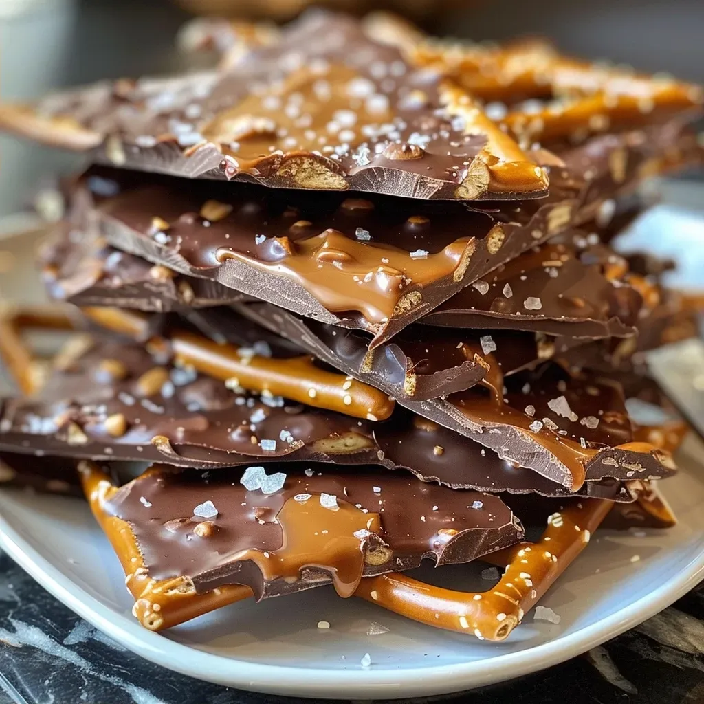 ['Close-up of a textured layer of salted caramel pretzel bark with chocolate and pretzels.', 'A slice of salted caramel pretzel bark featuring semi-sweet chocolate and a sprinkle of sea salt.', 'Side view of rich salted caramel pretzel bark highlighting the caramel and pretzel pieces.', 'Delicious salted caramel pretzel bark showing the glossy chocolate and crunchy pretzels.']