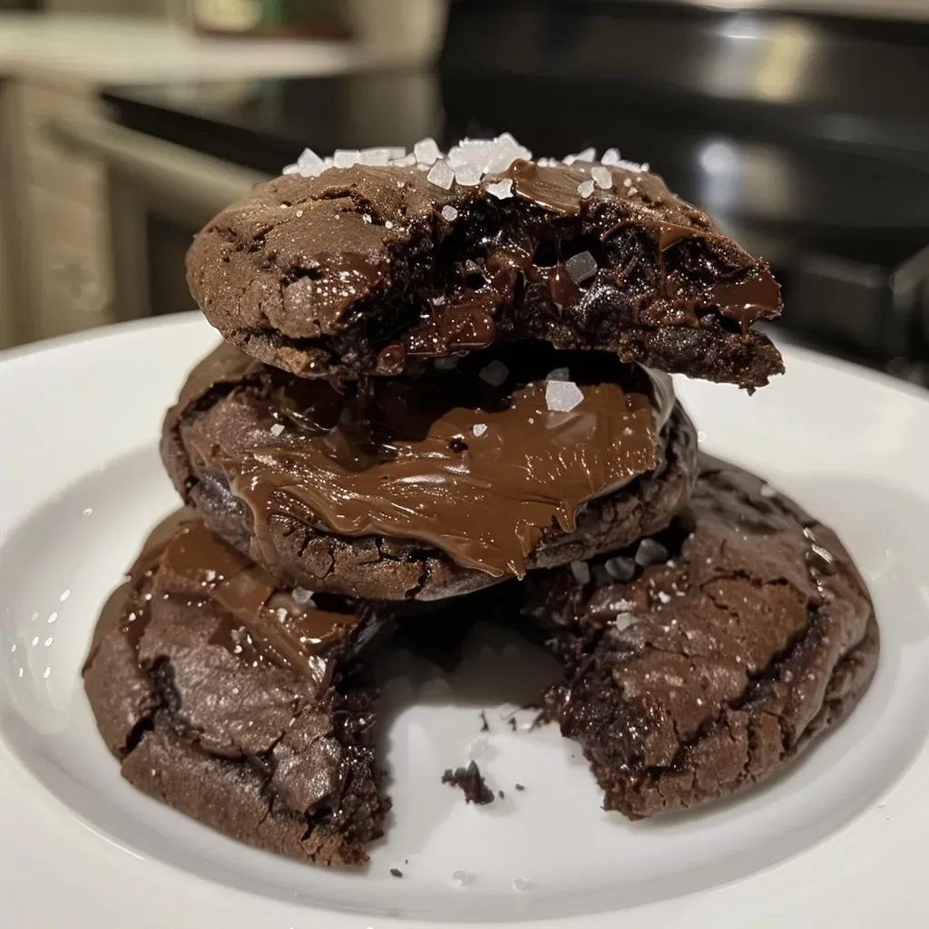 ['Close-up shot of a salted double dark chocolate cookie with glossy chocolate chunks.', 'Side view of a warm, gooey double dark chocolate cookie sprinkled with flaky sea salt.', 'Delicious-looking salted double dark chocolate cookie, showcasing its rich texture and chunks.', 'Juicy double dark chocolate cookie with a golden-brown exterior and melting chocolate pieces.']