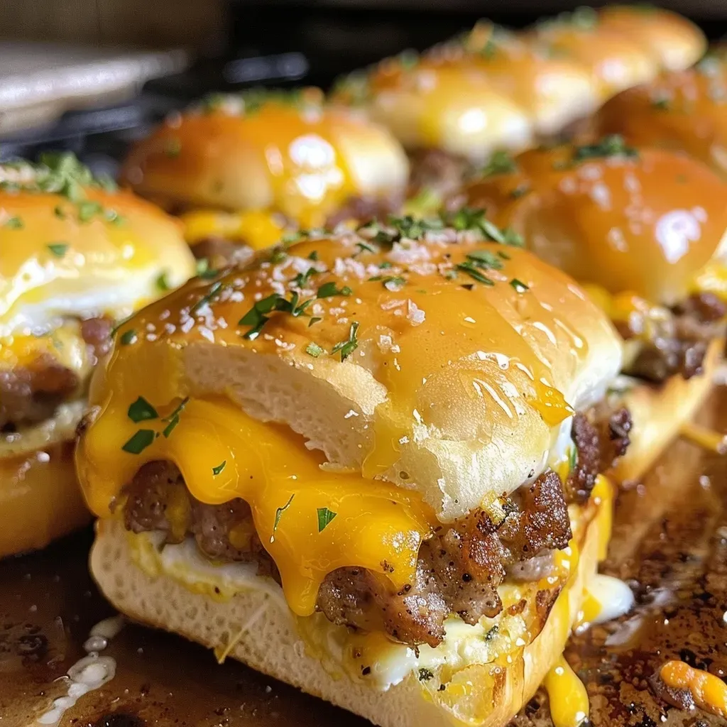 ['Close-up of Sausage Egg and Cheese Breakfast Sliders on a wooden board.', 'Juicy breakfast sliders stacked with sausage, egg, and cheese oozing out.', 'Side view of mouthwatering sausage, egg, and cheese sliders with melted cheese.', 'Deliciously prepared breakfast sliders showcasing layers of sausage, egg, and cheese.']