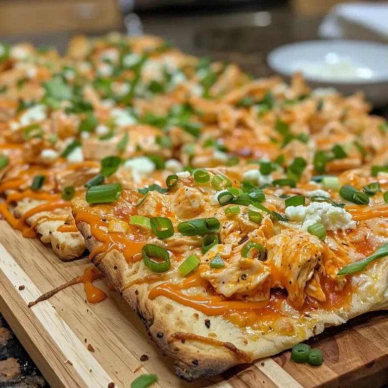 ['Close-up side view of a savory buffalo chicken flatbread topped with cheese and garnished with green onions.', 'Juicy buffalo chicken flatbread with melted mozzarella and blue cheese dressing, presented on a wooden board.', 'Appetizing buffalo chicken flatbread featuring diced chicken, drizzled with buffalo sauce and blue cheese dressing.', 'Side view of a delicious flatbread topped with spiced buffalo chicken, cheese, and green onion garnish.']
