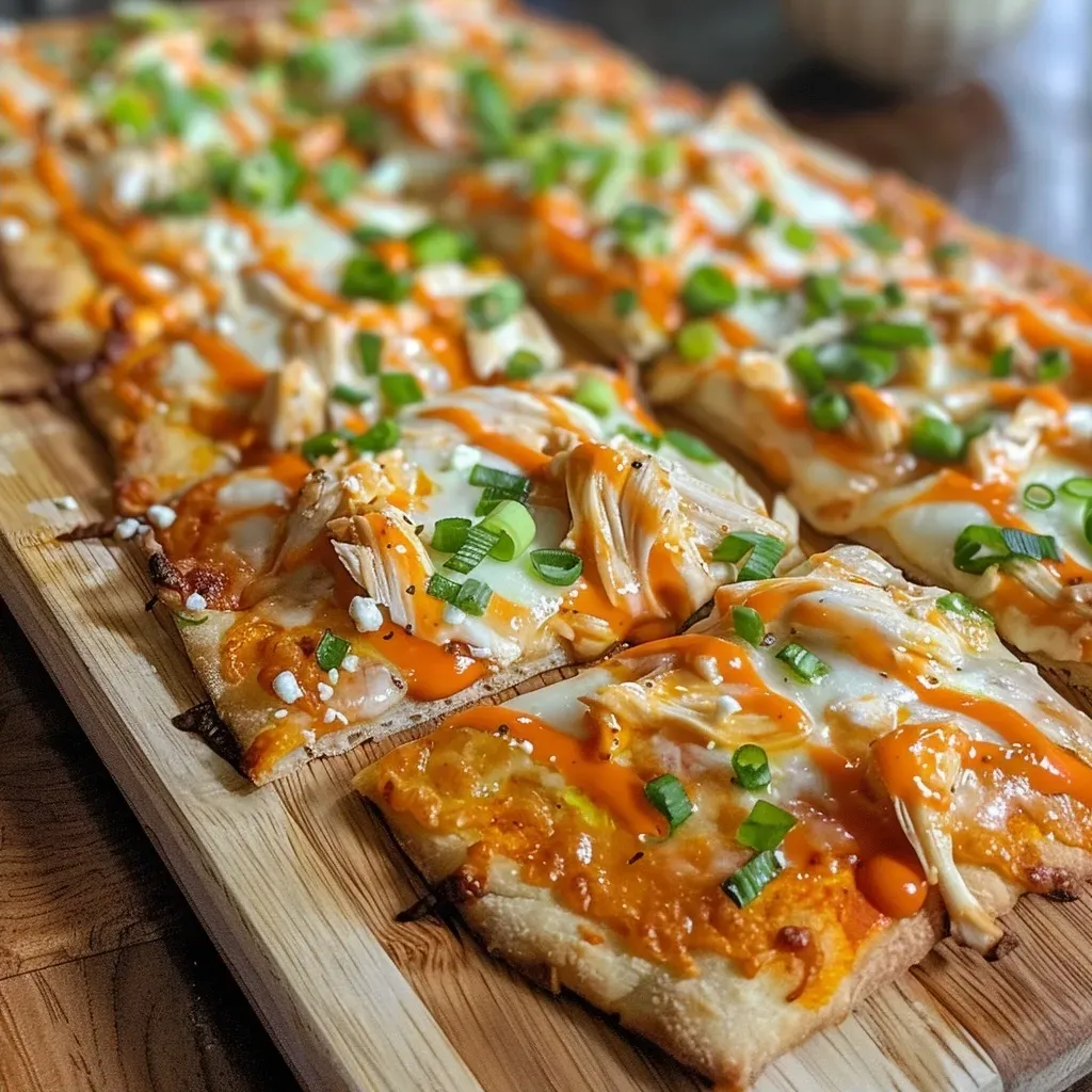 ['Close-up side view of a savory buffalo chicken flatbread topped with cheese and garnished with green onions.', 'Juicy buffalo chicken flatbread with melted mozzarella and blue cheese dressing, presented on a wooden board.', 'Appetizing buffalo chicken flatbread featuring diced chicken, drizzled with buffalo sauce and blue cheese dressing.', 'Side view of a delicious flatbread topped with spiced buffalo chicken, cheese, and green onion garnish.']