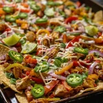 ['A close-up view of colorful chicken fajita nachos on a sheet pan, topped with cheese and sliced vegetables.', 'Juicy sheet pan chicken fajita nachos featuring bell peppers, onions, and melted cheese, viewed from the side.', 'A side view of a vibrant array of nachos loaded with chicken, colorful peppers, and cheese on a baking sheet.', 'Detailed shot of savory chicken fajita nachos with fresh toppings, garnished with jalapenos and garnishes.']