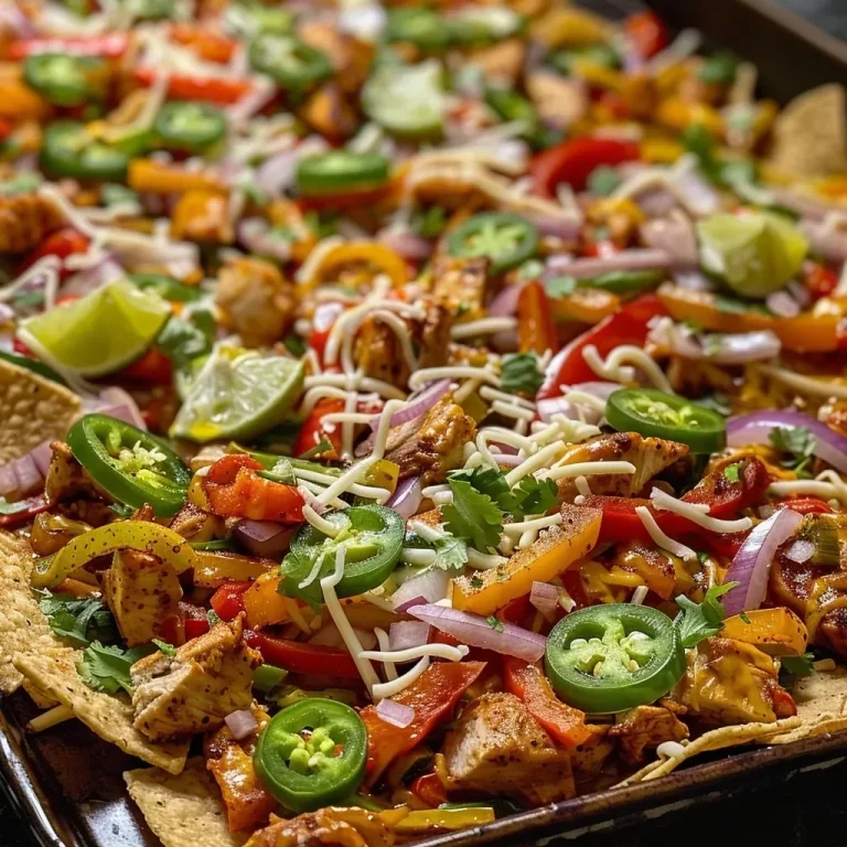 ['A close-up view of colorful chicken fajita nachos on a sheet pan, topped with cheese and sliced vegetables.', 'Juicy sheet pan chicken fajita nachos featuring bell peppers, onions, and melted cheese, viewed from the side.', 'A side view of a vibrant array of nachos loaded with chicken, colorful peppers, and cheese on a baking sheet.', 'Detailed shot of savory chicken fajita nachos with fresh toppings, garnished with jalapenos and garnishes.']