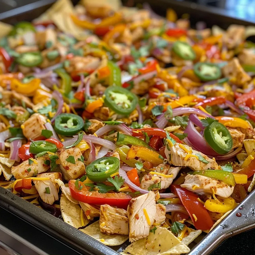 ['A close-up view of colorful chicken fajita nachos on a sheet pan, topped with cheese and sliced vegetables.', 'Juicy sheet pan chicken fajita nachos featuring bell peppers, onions, and melted cheese, viewed from the side.', 'A side view of a vibrant array of nachos loaded with chicken, colorful peppers, and cheese on a baking sheet.', 'Detailed shot of savory chicken fajita nachos with fresh toppings, garnished with jalapenos and garnishes.']