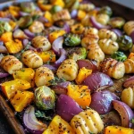 ['Close-up of delicious Sheet Pan Gnocchi with colorful harvest vegetables.', 'A side view of roasted gnocchi and vegetables arranged on a sheet pan.', 'Juicy Sheet Pan Gnocchi surrounded by vibrant autumn vegetables.', 'Tasty looking Sheet Pan Gnocchi with chunks of vegetables on a baking tray.']