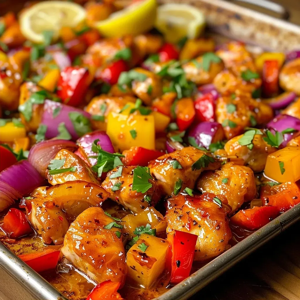 ['Close-up view of juicy honey sriracha chicken on a sheet pan with colorful bell peppers.', 'Side angle of a vibrant sheet pan dish featuring honey sriracha chicken and mixed vegetables.', 'Juicy, glazed chicken pieces with diced red, yellow, and orange bell peppers on a baking sheet.', 'Colorful sheet pan meal showcasing chicken cooked with honey and sriracha, surrounded by fresh veggies.']
