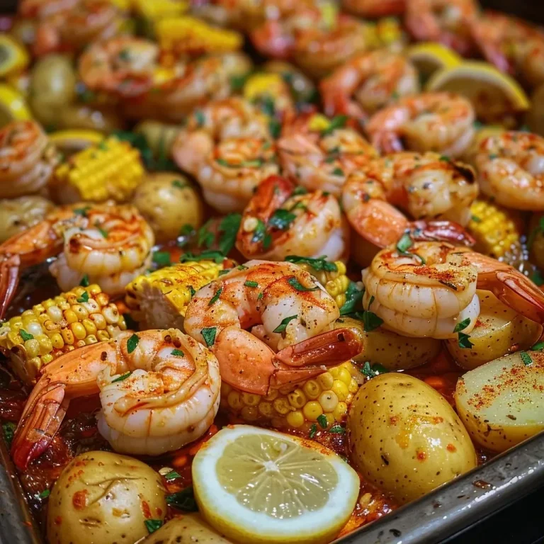 ['A close-up side view of a sheet pan filled with shrimp, corn, potatoes, sausage, and lemon wedges.', 'Juicy shrimp and colorful vegetables arranged on a sheet pan, showcasing a delicious dinner recipe.', 'A vibrant image of a shrimp boil featuring shrimp, corn, and potatoes on a baking sheet.', 'Close-up view of a sheet pan shrimp boil with bright yellow potatoes, corn pieces, and sausage slices.']