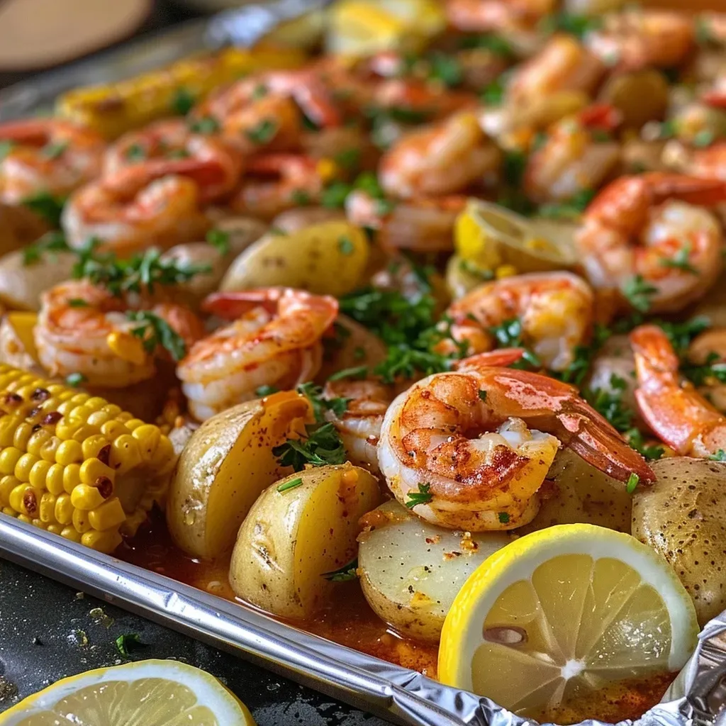 ['A close-up side view of a sheet pan filled with shrimp, corn, potatoes, sausage, and lemon wedges.', 'Juicy shrimp and colorful vegetables arranged on a sheet pan, showcasing a delicious dinner recipe.', 'A vibrant image of a shrimp boil featuring shrimp, corn, and potatoes on a baking sheet.', 'Close-up view of a sheet pan shrimp boil with bright yellow potatoes, corn pieces, and sausage slices.']