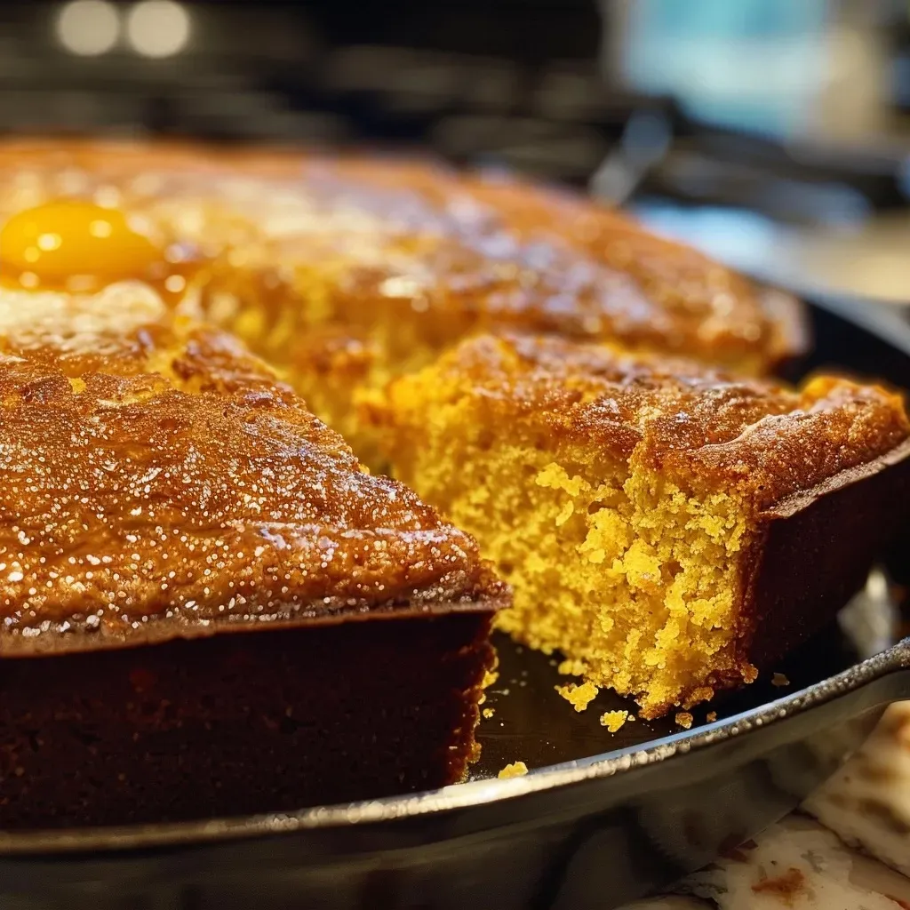 ['Close-up photo of golden-brown Skillet Honey Cornbread, showcasing its texture and buttery edges.', 'Side view of freshly baked Skillet Honey Cornbread, highlighting its moist interior and crispy crust.', 'Detailed close-up of Skillet Honey Cornbread served in a cast iron skillet, with a drizzle of honey on top.', 'Juicy Skillet Honey Cornbread presented on a wooden surface, revealing its fluffy texture and warm color.']