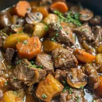 ['A hearty bowl of Slow Cooked Beef & Guinness Stew with chunks of meat and vegetables.', 'Close-up of a savory beef stew featuring carrots, onions, and mushrooms in rich gravy.', 'A mouth-watering serving of beef stew, showcasing tender meat and vibrant veggies.', 'A delicious side view of Slow Cooked Beef & Guinness Stew, highlighting its rich texture.']