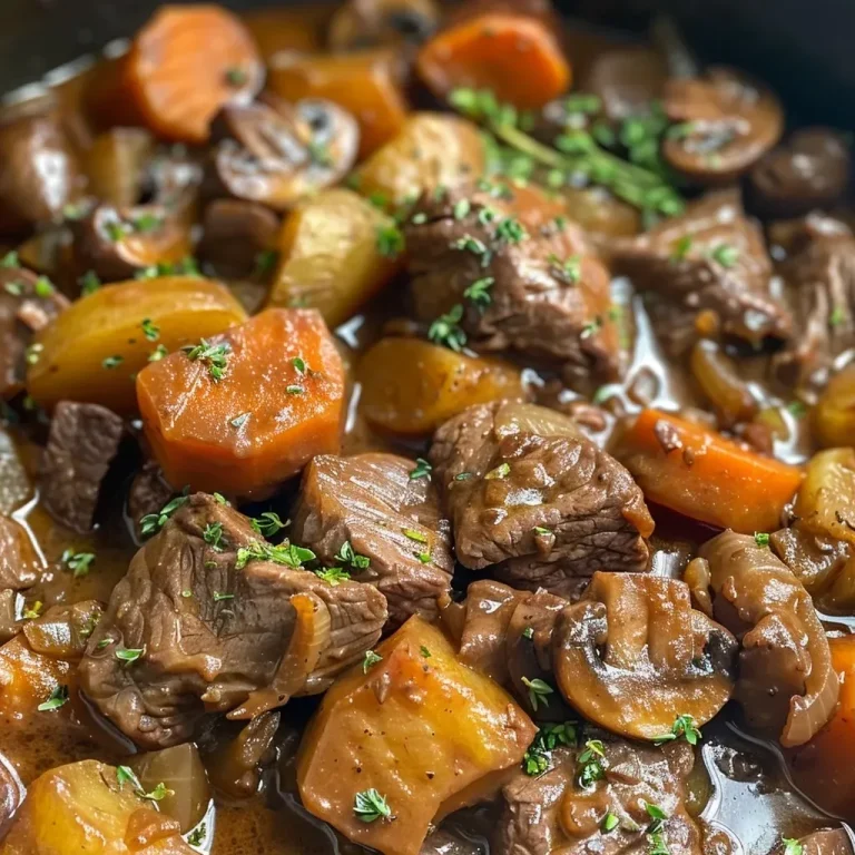 ['A hearty bowl of Slow Cooked Beef & Guinness Stew with chunks of meat and vegetables.', 'Close-up of a savory beef stew featuring carrots, onions, and mushrooms in rich gravy.', 'A mouth-watering serving of beef stew, showcasing tender meat and vibrant veggies.', 'A delicious side view of Slow Cooked Beef & Guinness Stew, highlighting its rich texture.']