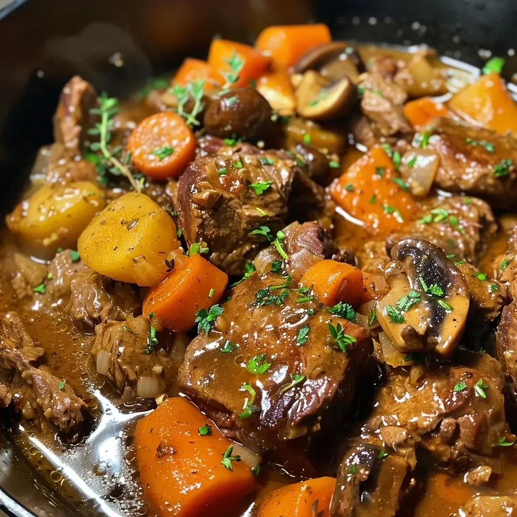['A hearty bowl of Slow Cooked Beef & Guinness Stew with chunks of meat and vegetables.', 'Close-up of a savory beef stew featuring carrots, onions, and mushrooms in rich gravy.', 'A mouth-watering serving of beef stew, showcasing tender meat and vibrant veggies.', 'A delicious side view of Slow Cooked Beef & Guinness Stew, highlighting its rich texture.']