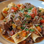 ['Close-up view of a bowl of slow-cooked beef ragu with pappardelle pasta, garnished with grated Parmigiano-Reggiano.', 'Juicy slow-cooked beef ragu served over pappardelle, showcasing rich colors and textures.', 'Side view of a hearty beef ragu atop wide pappardelle noodles, with fresh herbs and cheese on top.', 'A delicious plate of slow-cooked beef ragu with pasta, highlighting the vibrant sauce and ingredients.']