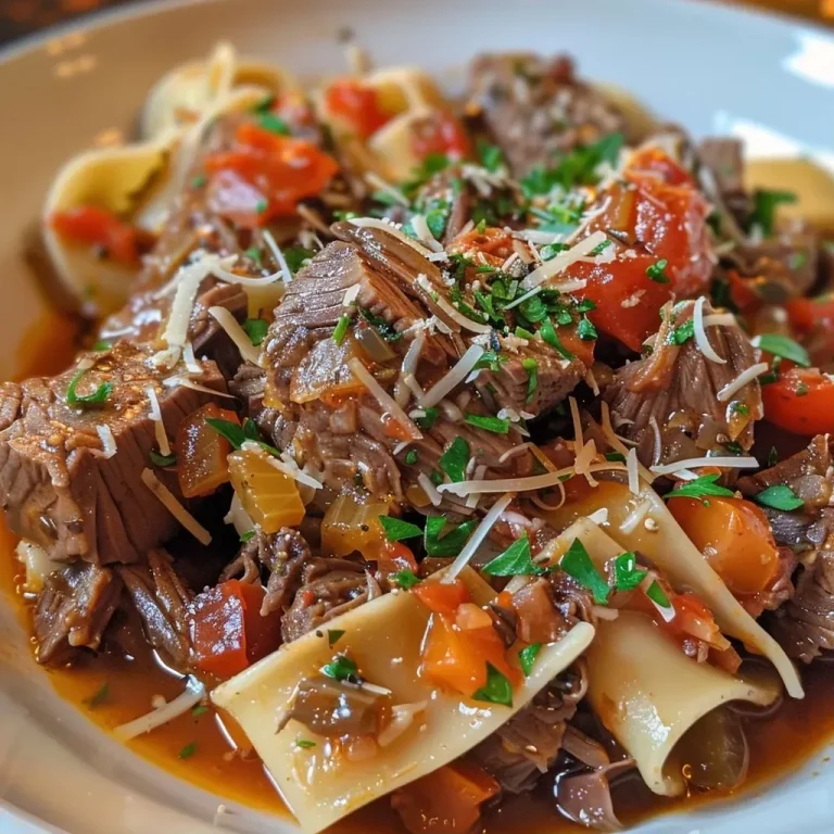 ['Close-up view of a bowl of slow-cooked beef ragu with pappardelle pasta, garnished with grated Parmigiano-Reggiano.', 'Juicy slow-cooked beef ragu served over pappardelle, showcasing rich colors and textures.', 'Side view of a hearty beef ragu atop wide pappardelle noodles, with fresh herbs and cheese on top.', 'A delicious plate of slow-cooked beef ragu with pasta, highlighting the vibrant sauce and ingredients.']