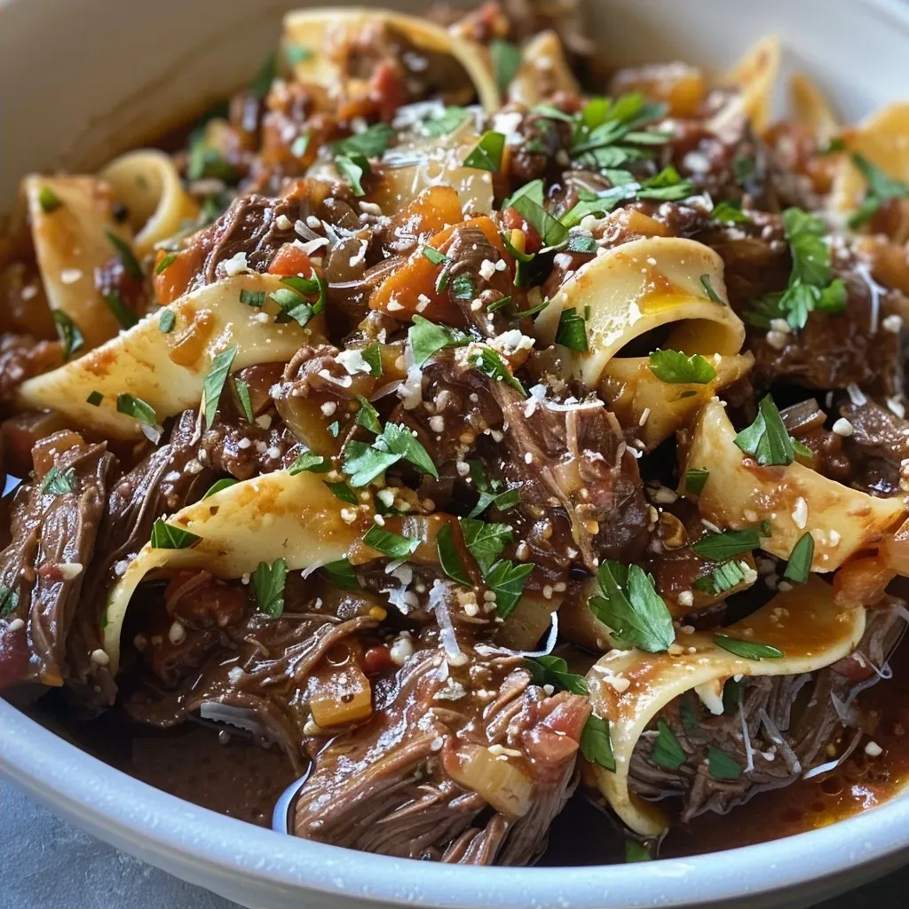 ['Close-up view of a bowl of slow-cooked beef ragu with pappardelle pasta, garnished with grated Parmigiano-Reggiano.', 'Juicy slow-cooked beef ragu served over pappardelle, showcasing rich colors and textures.', 'Side view of a hearty beef ragu atop wide pappardelle noodles, with fresh herbs and cheese on top.', 'A delicious plate of slow-cooked beef ragu with pasta, highlighting the vibrant sauce and ingredients.']