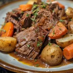 ['Close-up of a juicy Slow Cooker Apple Cider Pot Roast with vegetables.', 'Side view of tender pot roast with a rich apple cider glaze and carrots.', 'Deliciously cooked beef chuck roast surrounded by baby potatoes and carrots.', 'Hearty Slow Cooker Apple Cider Pot Roast with a glossy finish and herbs.']