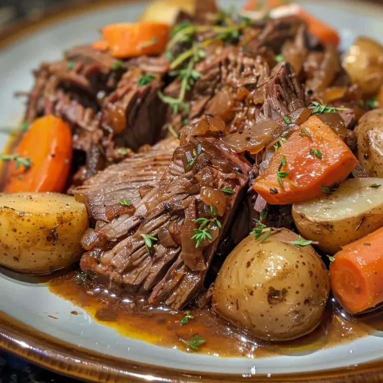 ['Close-up of a juicy Slow Cooker Apple Cider Pot Roast with vegetables.', 'Side view of tender pot roast with a rich apple cider glaze and carrots.', 'Deliciously cooked beef chuck roast surrounded by baby potatoes and carrots.', 'Hearty Slow Cooker Apple Cider Pot Roast with a glossy finish and herbs.']