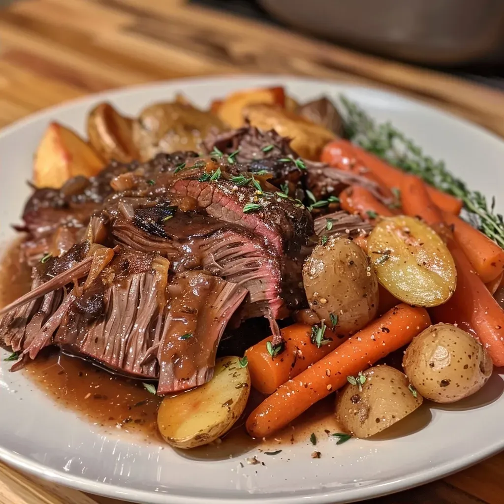 ['Close-up of a juicy Slow Cooker Apple Cider Pot Roast with vegetables.', 'Side view of tender pot roast with a rich apple cider glaze and carrots.', 'Deliciously cooked beef chuck roast surrounded by baby potatoes and carrots.', 'Hearty Slow Cooker Apple Cider Pot Roast with a glossy finish and herbs.']