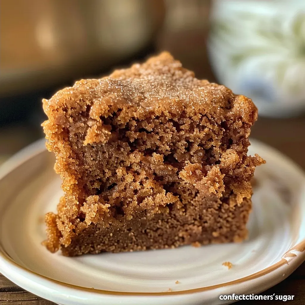 'close-up 'detailed 'side a and applesauce applesauce, baked beautifully cake close-up confectioners' cooker crumbly delicious featuring highlighting image its moist of powdered shot showing slice slow soft, spice spices spices.', sprinkle sugar.', texture topped view visible warm with