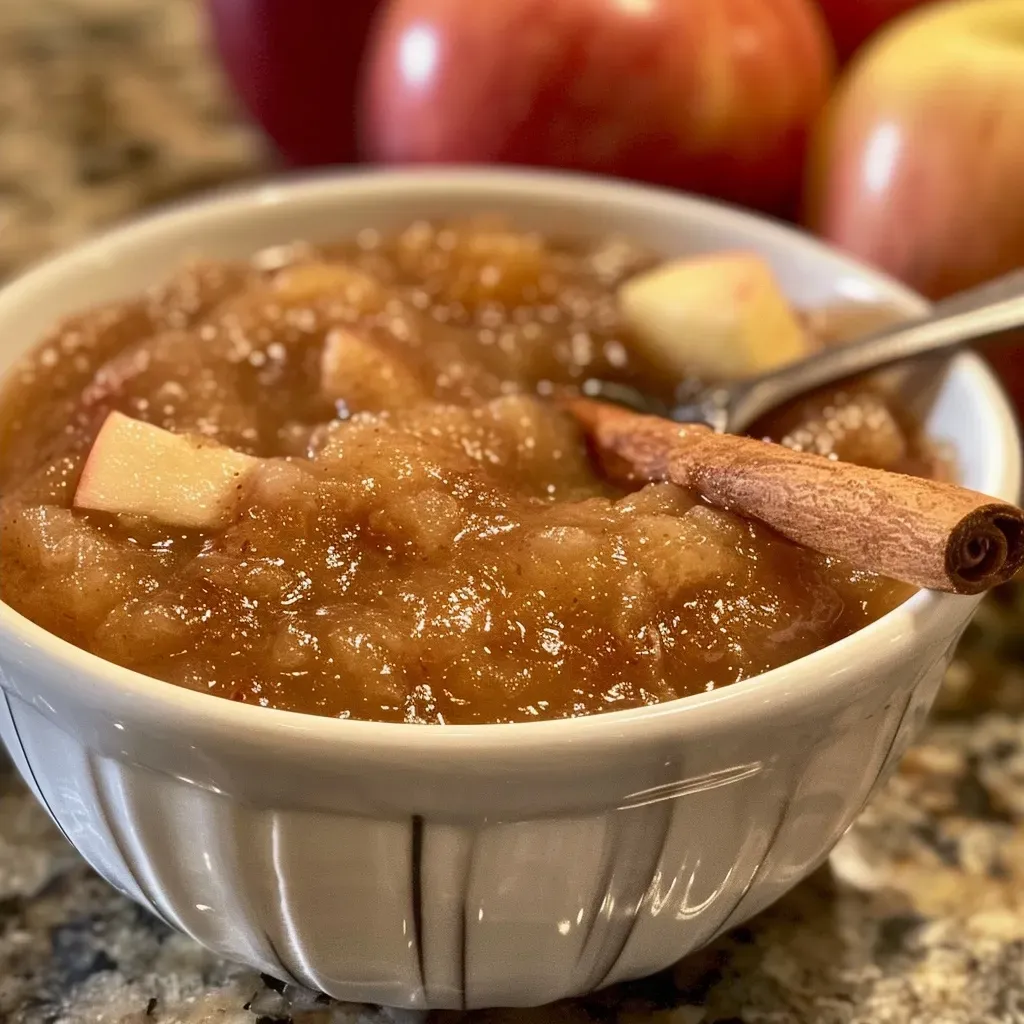 ['Close-up of a bowl of homemade slow cooker applesauce with a smooth texture.', 'Juicy slow cooker applesauce in a glass jar, showcasing its rich color and consistency.', 'Side view of slow cooker applesauce with apples and spices scattered around.', 'Thick, creamy applesauce in a rustic bowl, ready to be served.']