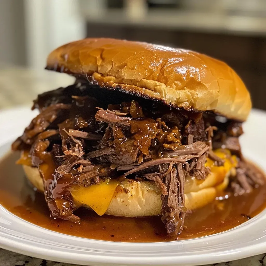 ['Juicy BBQ beef sandwich with melted cheese on a wooden platter.', 'Close-up of slow-cooked barbecue beef piled high in a soft sandwich bun.', 'Side view of a delectable slow cooker BBQ beef sandwich with toppings.', 'Appetizing slow cooker BBQ beef sandwich drizzled with barbecue sauce.']