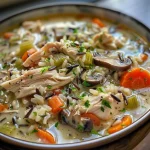 ['Close-up view of a bowl of Slow Cooker Chicken and Wild Rice Soup with visible ingredients.', 'Side view of a hearty bowl of chicken and wild rice soup, garnished with fresh parsley.', 'Close-up image capturing the creamy texture of chicken and wild rice soup in a bowl.', 'Detailed view of a delicious serving of chicken and wild rice soup, showcasing vegetables and herbs.']