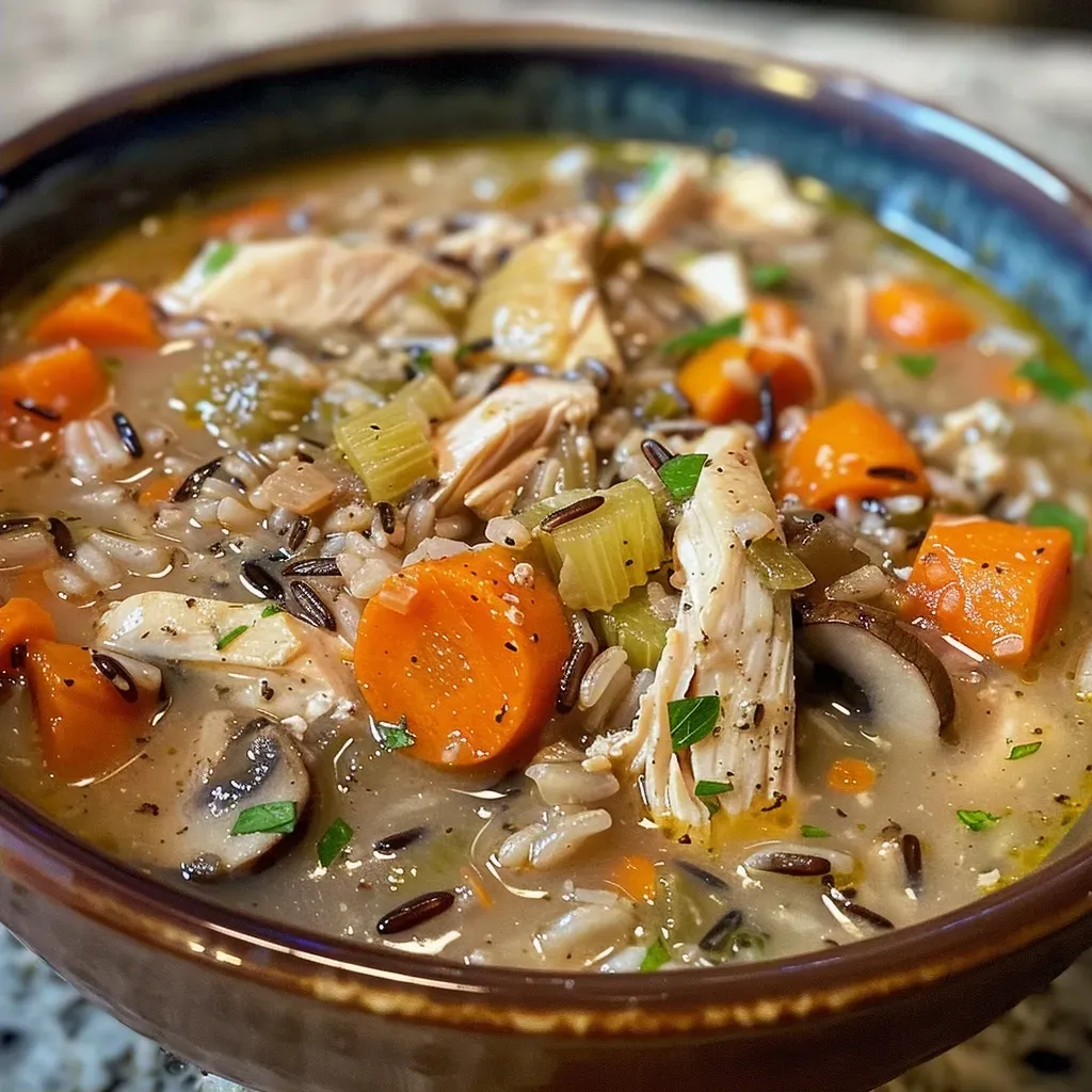 ['Close-up view of a bowl of Slow Cooker Chicken and Wild Rice Soup with visible ingredients.', 'Side view of a hearty bowl of chicken and wild rice soup, garnished with fresh parsley.', 'Close-up image capturing the creamy texture of chicken and wild rice soup in a bowl.', 'Detailed view of a delicious serving of chicken and wild rice soup, showcasing vegetables and herbs.']