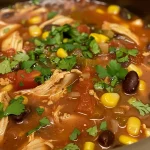 ['Close-up view of a bowl of chicken enchilada soup with garnishes.', 'Rich and hearty slow cooker chicken enchilada soup in a rustic bowl.', 'Side view of a creamy chicken enchilada soup topped with fresh herbs.', 'Delicious slow cooker chicken enchilada soup displayed in a vibrant dish.']